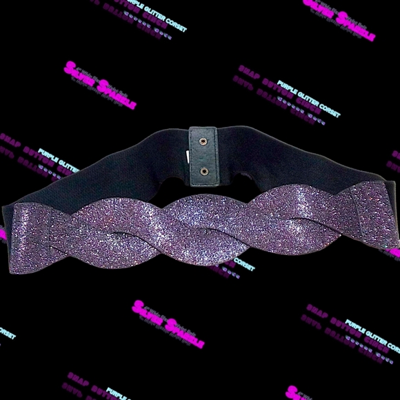 Glitter Poppin Purple Glimmer Stretchy Silver Shimmer Snap Button Cinch Belt | L - Picture 12 of 17